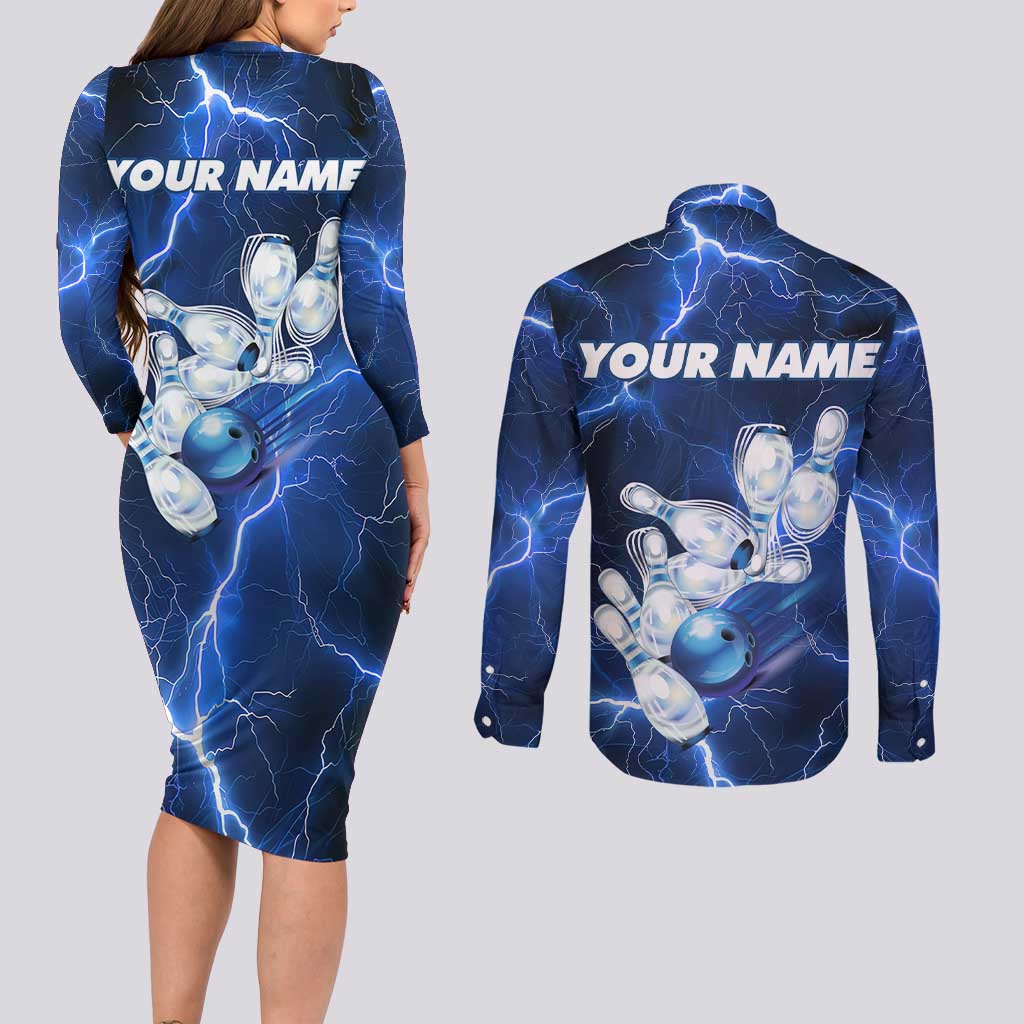 Blue Lightning Bowling Hoodie Couples Matching Long Sleeve Bodycon Dress and Long Sleeve Button Shirt with Striking Ball and Pins Graphic and Custom Name Design - Wonder Print Shop