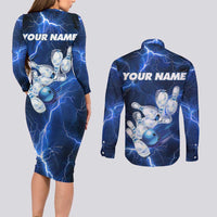 Blue Lightning Bowling Hoodie Couples Matching Long Sleeve Bodycon Dress and Long Sleeve Button Shirt with Striking Ball and Pins Graphic and Custom Name Design - Wonder Print Shop