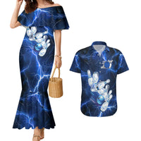 Blue Lightning Bowling Hoodie Couples Matching Mermaid Dress and Hawaiian Shirt with Striking Ball and Pins Graphic and Custom Name Design - Wonder Print Shop