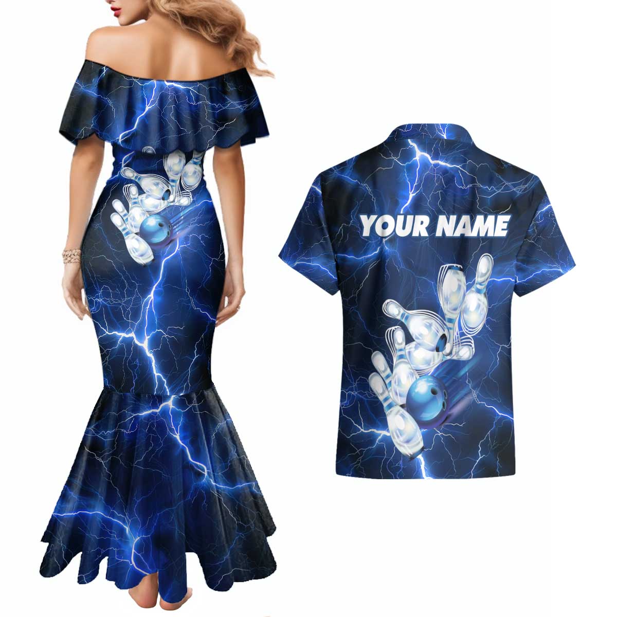 Blue Lightning Bowling Hoodie Couples Matching Mermaid Dress and Hawaiian Shirt with Striking Ball and Pins Graphic and Custom Name Design - Wonder Print Shop