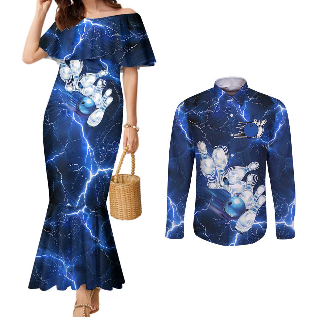 Blue Lightning Bowling Hoodie Couples Matching Mermaid Dress and Long Sleeve Button Shirt with Striking Ball and Pins Graphic and Custom Name Design - Wonder Print Shop