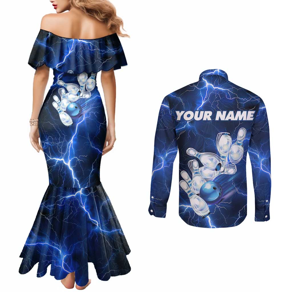 Blue Lightning Bowling Hoodie Couples Matching Mermaid Dress and Long Sleeve Button Shirt with Striking Ball and Pins Graphic and Custom Name Design - Wonder Print Shop