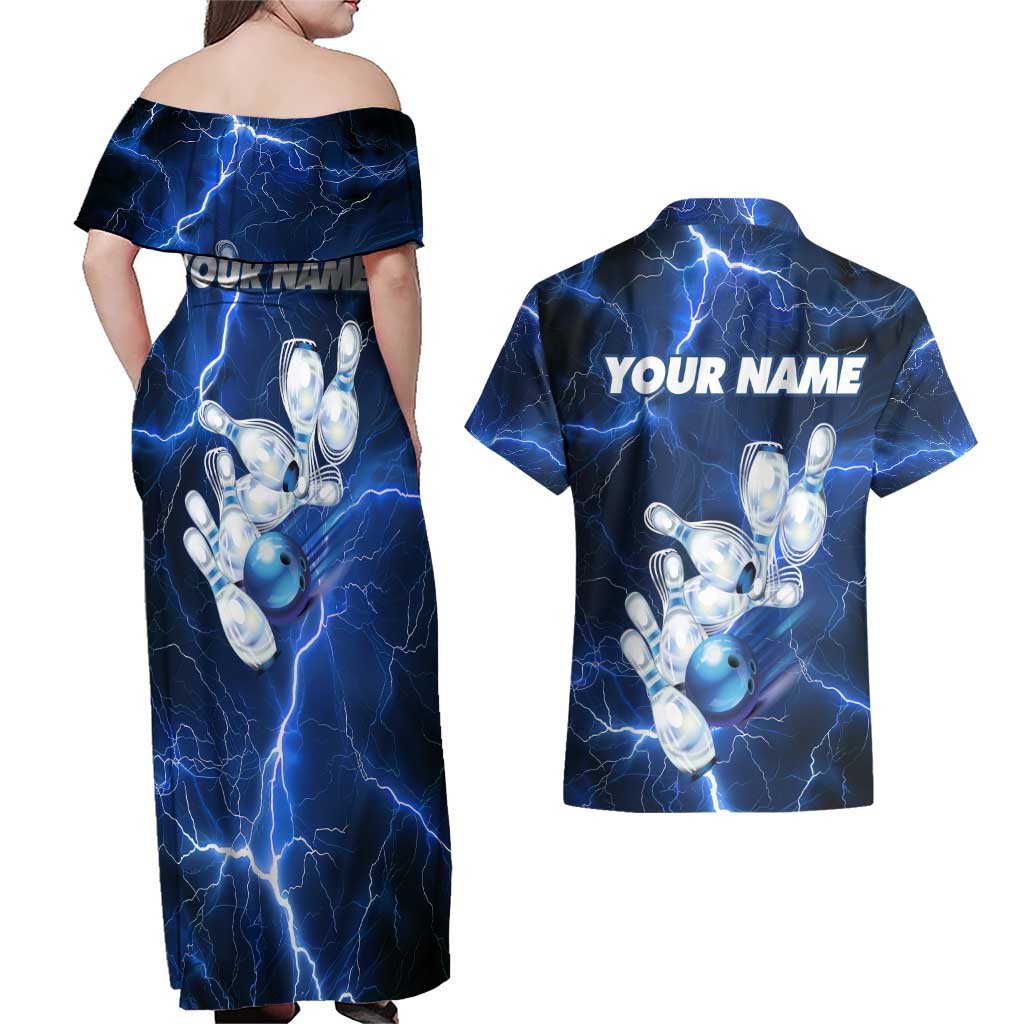 Blue Lightning Bowling Hoodie Couples Matching Off Shoulder Maxi Dress and Hawaiian Shirt with Striking Ball and Pins Graphic and Custom Name Design - Wonder Print Shop