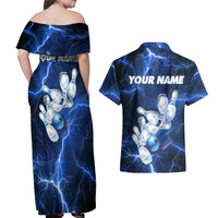 Blue Lightning Bowling Hoodie Couples Matching Off Shoulder Maxi Dress and Hawaiian Shirt with Striking Ball and Pins Graphic and Custom Name Design - Wonder Print Shop