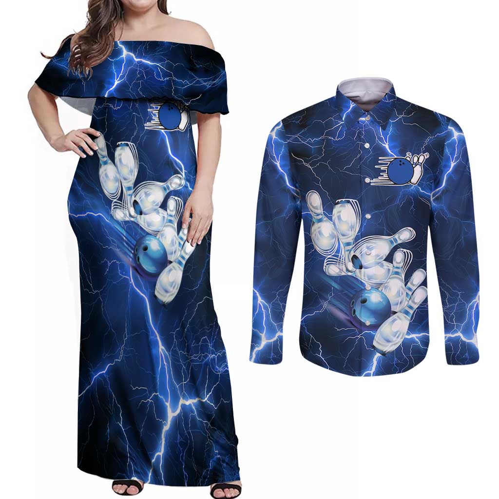 Blue Lightning Bowling Hoodie Couples Matching Off Shoulder Maxi Dress and Long Sleeve Button Shirt with Striking Ball and Pins Graphic and Custom Name Design - Wonder Print Shop