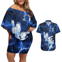 Blue Lightning Bowling Hoodie Couples Matching Off Shoulder Short Dress and Hawaiian Shirt with Striking Ball and Pins Graphic and Custom Name Design - Wonder Print Shop