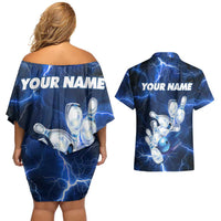 Blue Lightning Bowling Hoodie Couples Matching Off Shoulder Short Dress and Hawaiian Shirt with Striking Ball and Pins Graphic and Custom Name Design - Wonder Print Shop