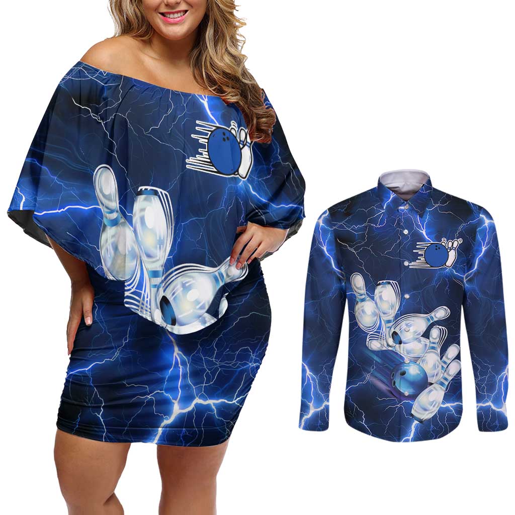 Blue Lightning Bowling Hoodie Couples Matching Off Shoulder Short Dress and Long Sleeve Button Shirt with Striking Ball and Pins Graphic and Custom Name Design - Wonder Print Shop