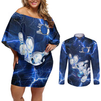 Blue Lightning Bowling Hoodie Couples Matching Off Shoulder Short Dress and Long Sleeve Button Shirt with Striking Ball and Pins Graphic and Custom Name Design - Wonder Print Shop