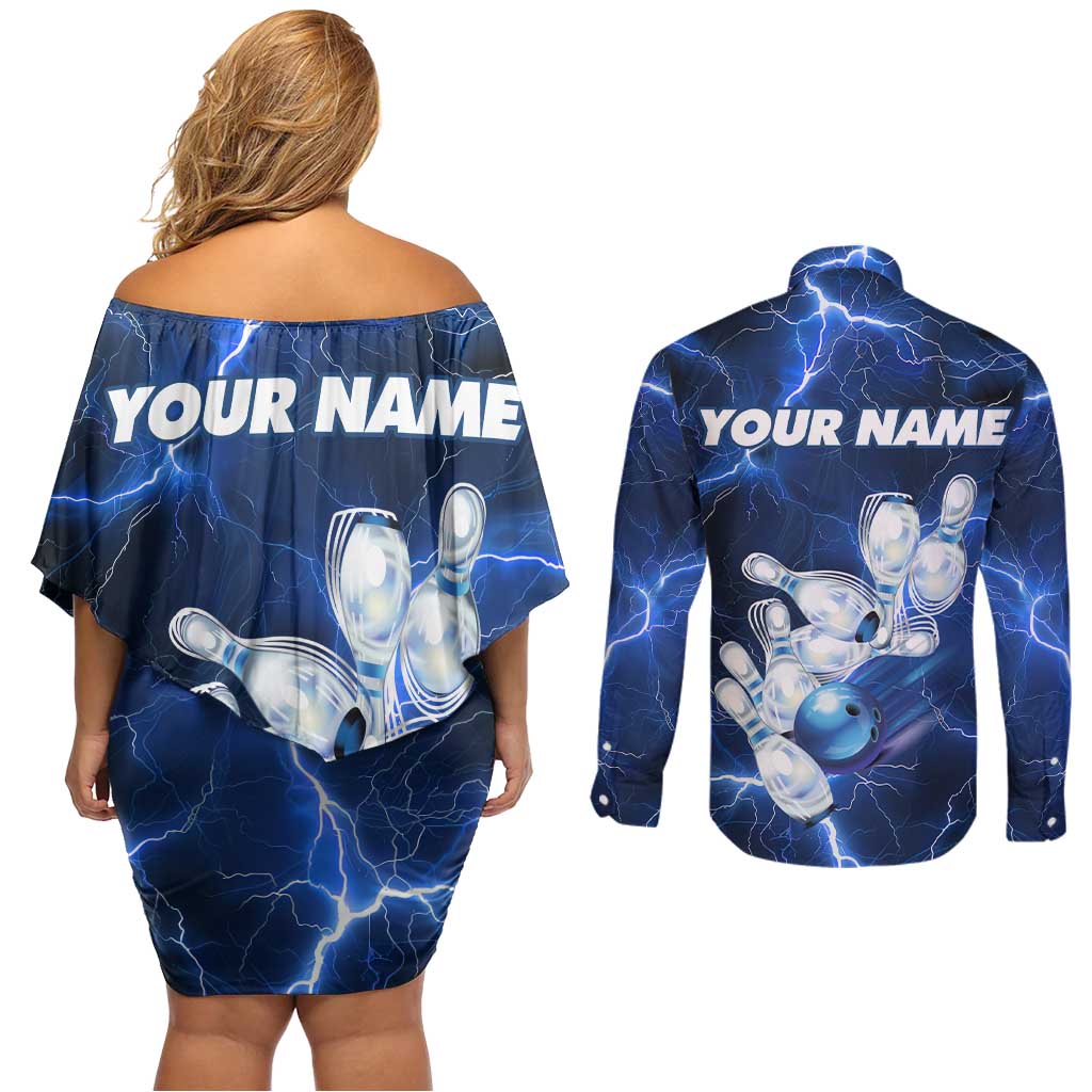 Blue Lightning Bowling Hoodie Couples Matching Off Shoulder Short Dress and Long Sleeve Button Shirt with Striking Ball and Pins Graphic and Custom Name Design - Wonder Print Shop