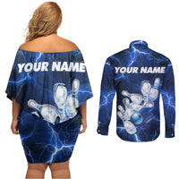Blue Lightning Bowling Hoodie Couples Matching Off Shoulder Short Dress and Long Sleeve Button Shirt with Striking Ball and Pins Graphic and Custom Name Design - Wonder Print Shop