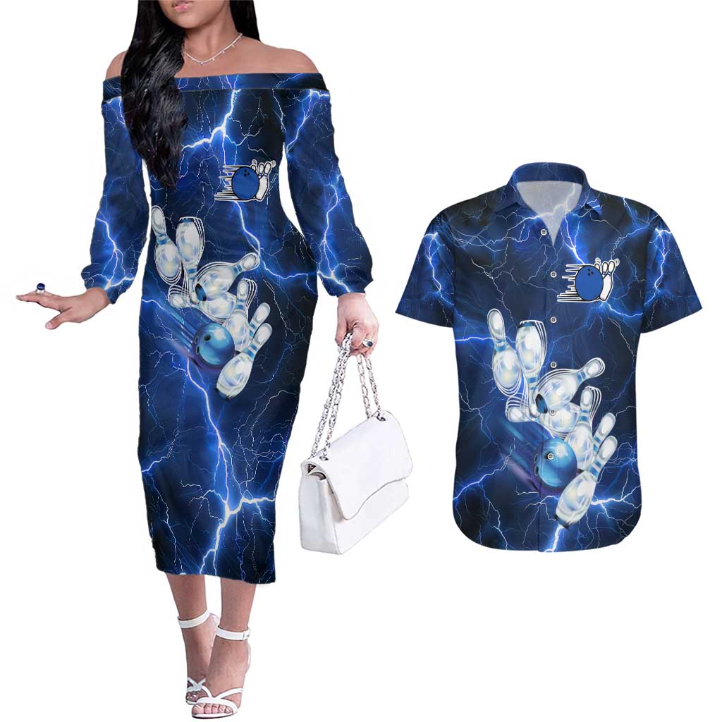 Blue Lightning Bowling Hoodie Couples Matching Off The Shoulder Long Sleeve Dress and Hawaiian Shirt with Striking Ball and Pins Graphic and Custom Name Design - Wonder Print Shop