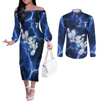 Blue Lightning Bowling Hoodie Couples Matching Off The Shoulder Long Sleeve Dress and Long Sleeve Button Shirt with Striking Ball and Pins Graphic and Custom Name Design - Wonder Print Shop