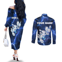 Blue Lightning Bowling Hoodie Couples Matching Off The Shoulder Long Sleeve Dress and Long Sleeve Button Shirt with Striking Ball and Pins Graphic and Custom Name Design - Wonder Print Shop