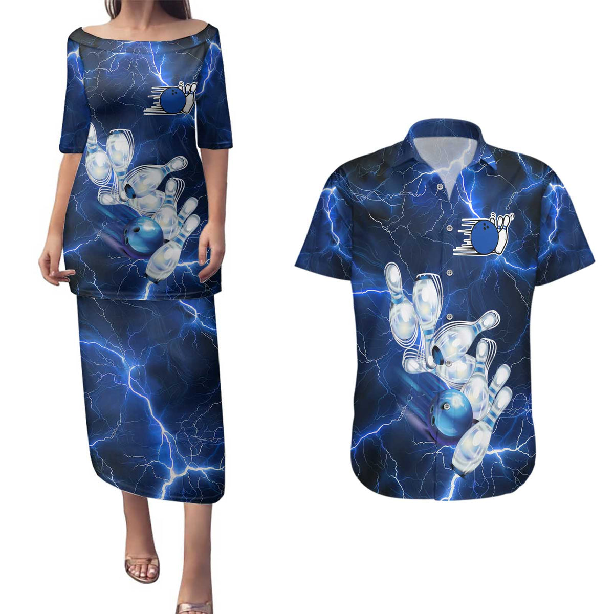 Blue Lightning Bowling Hoodie Couples Matching Puletasi and Hawaiian Shirt with Striking Ball and Pins Graphic and Custom Name Design - Wonder Print Shop