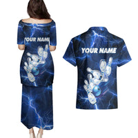 Blue Lightning Bowling Hoodie Couples Matching Puletasi and Hawaiian Shirt with Striking Ball and Pins Graphic and Custom Name Design - Wonder Print Shop