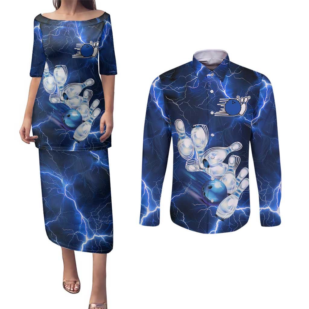 Blue Lightning Bowling Hoodie Couples Matching Puletasi and Long Sleeve Button Shirt with Striking Ball and Pins Graphic and Custom Name Design - Wonder Print Shop