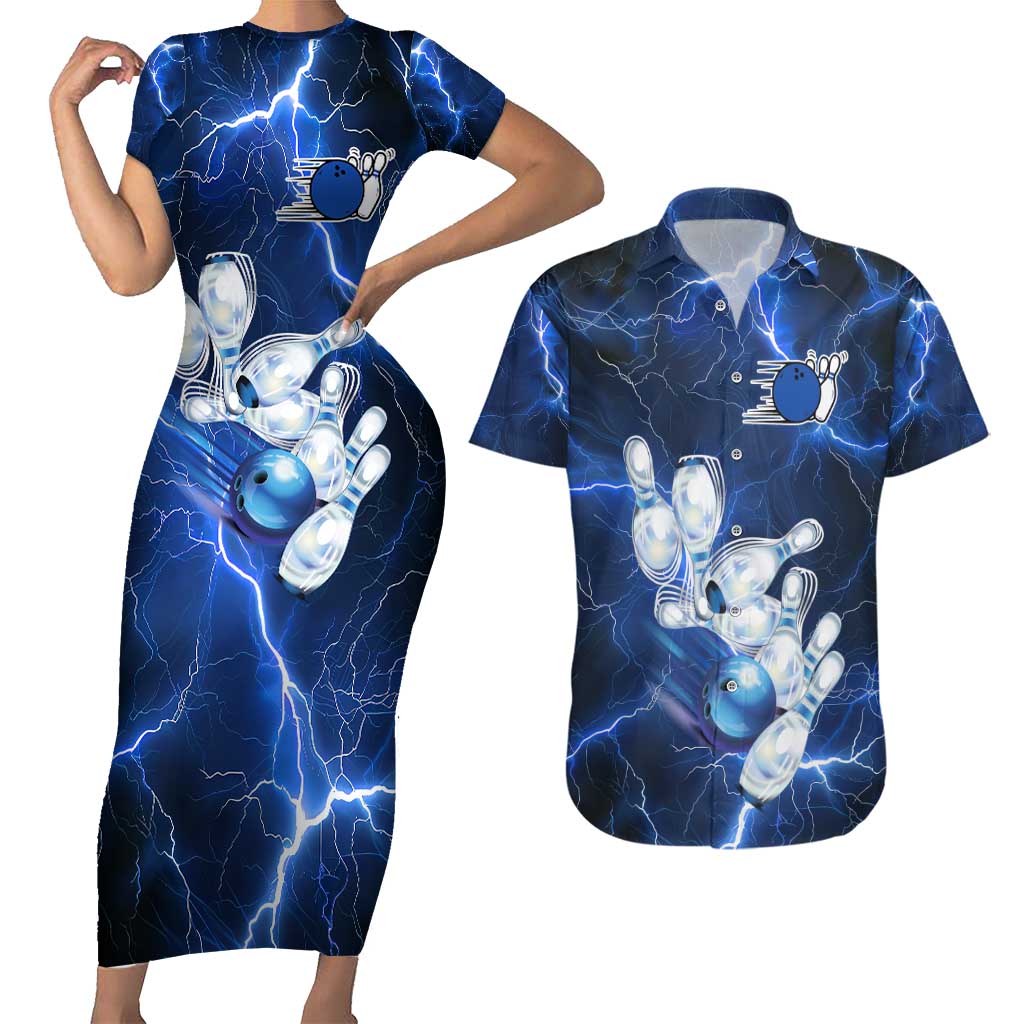Blue Lightning Bowling Hoodie Couples Matching Short Sleeve Bodycon Dress and Hawaiian Shirt with Striking Ball and Pins Graphic and Custom Name Design - Wonder Print Shop