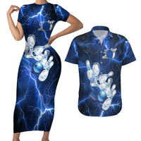 Blue Lightning Bowling Hoodie Couples Matching Short Sleeve Bodycon Dress and Hawaiian Shirt with Striking Ball and Pins Graphic and Custom Name Design - Wonder Print Shop