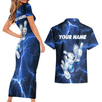 Blue Lightning Bowling Hoodie Couples Matching Short Sleeve Bodycon Dress and Hawaiian Shirt with Striking Ball and Pins Graphic and Custom Name Design - Wonder Print Shop