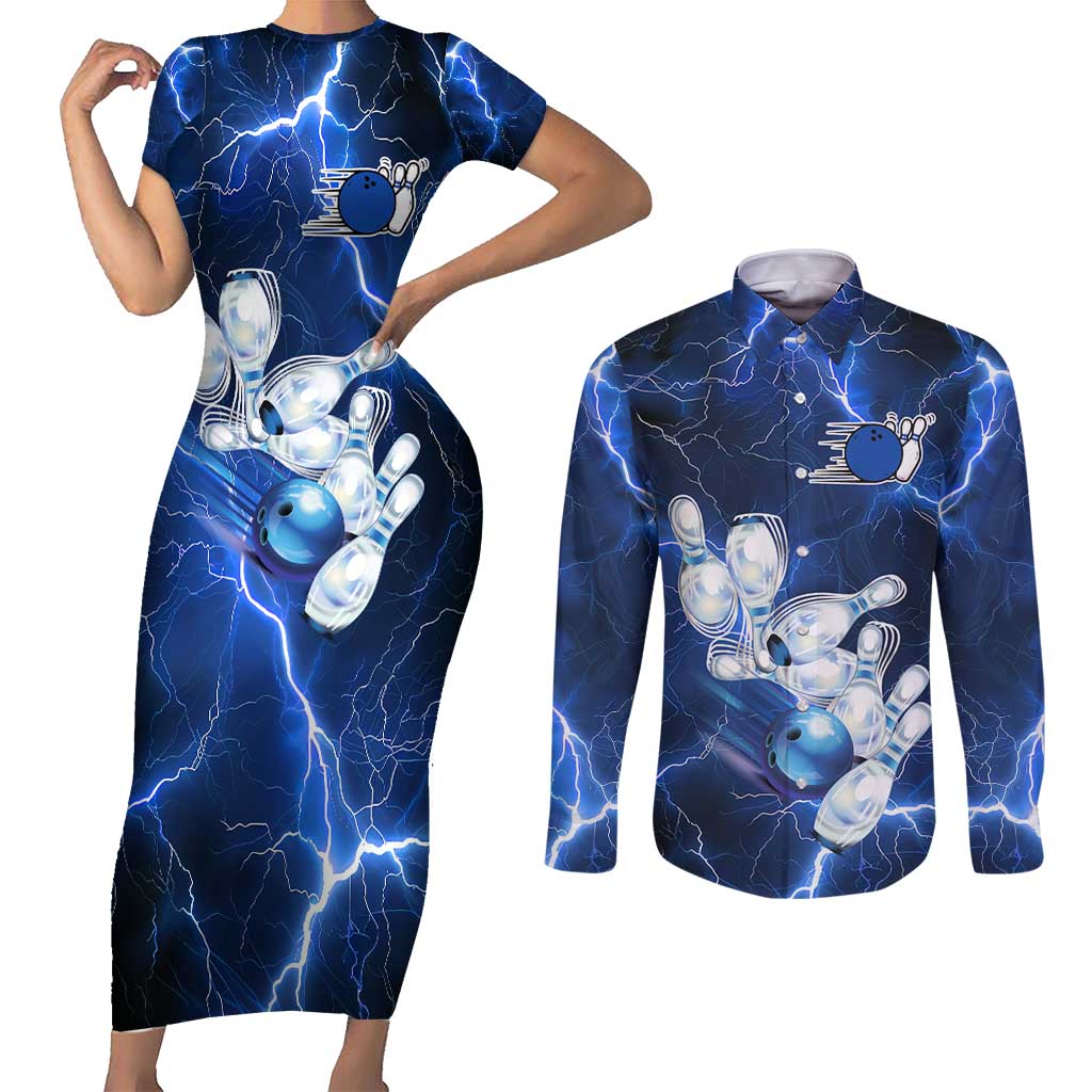 Blue Lightning Bowling Hoodie Couples Matching Short Sleeve Bodycon Dress and Long Sleeve Button Shirt with Striking Ball and Pins Graphic and Custom Name Design - Wonder Print Shop