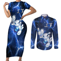 Blue Lightning Bowling Hoodie Couples Matching Short Sleeve Bodycon Dress and Long Sleeve Button Shirt with Striking Ball and Pins Graphic and Custom Name Design - Wonder Print Shop