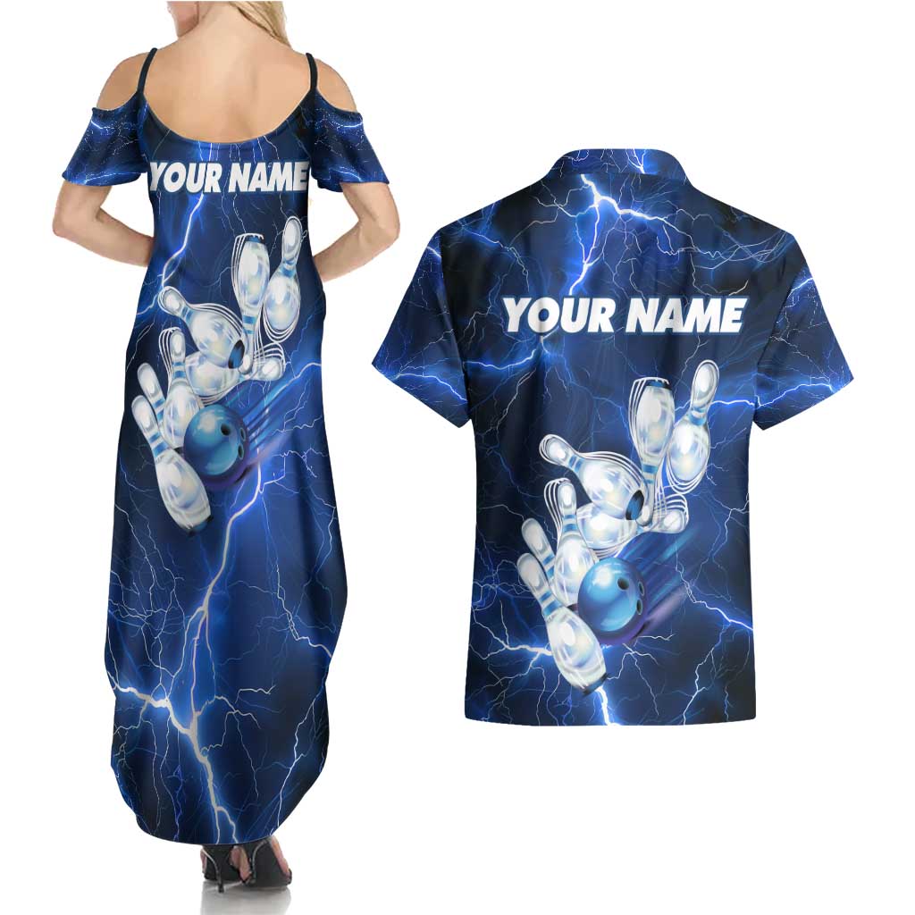 Blue Lightning Bowling Hoodie Couples Matching Summer Maxi Dress and Hawaiian Shirt with Striking Ball and Pins Graphic and Custom Name Design - Wonder Print Shop