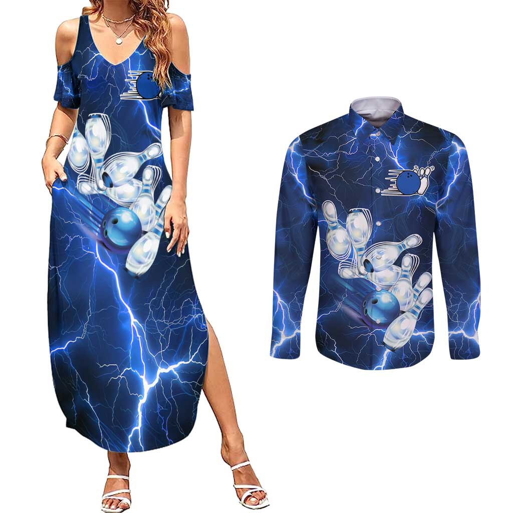 Blue Lightning Bowling Hoodie Couples Matching Summer Maxi Dress and Long Sleeve Button Shirt with Striking Ball and Pins Graphic and Custom Name Design - Wonder Print Shop
