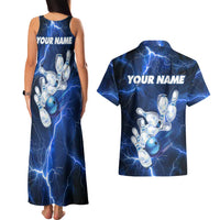 Blue Lightning Bowling Hoodie Couples Matching Tank Maxi Dress and Hawaiian Shirt with Striking Ball and Pins Graphic and Custom Name Design - Wonder Print Shop