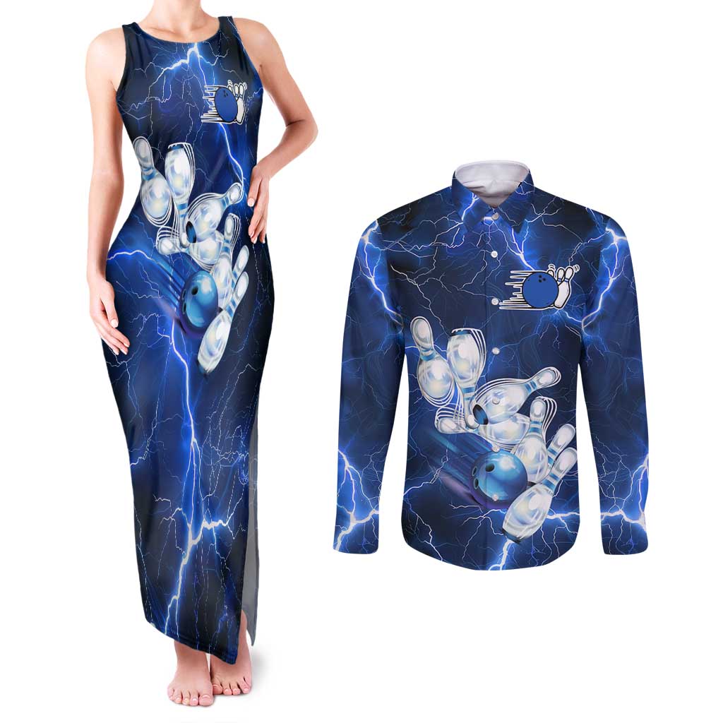 Blue Lightning Bowling Hoodie Couples Matching Tank Maxi Dress and Long Sleeve Button Shirt with Striking Ball and Pins Graphic and Custom Name Design - Wonder Print Shop