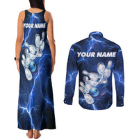 Blue Lightning Bowling Hoodie Couples Matching Tank Maxi Dress and Long Sleeve Button Shirt with Striking Ball and Pins Graphic and Custom Name Design - Wonder Print Shop