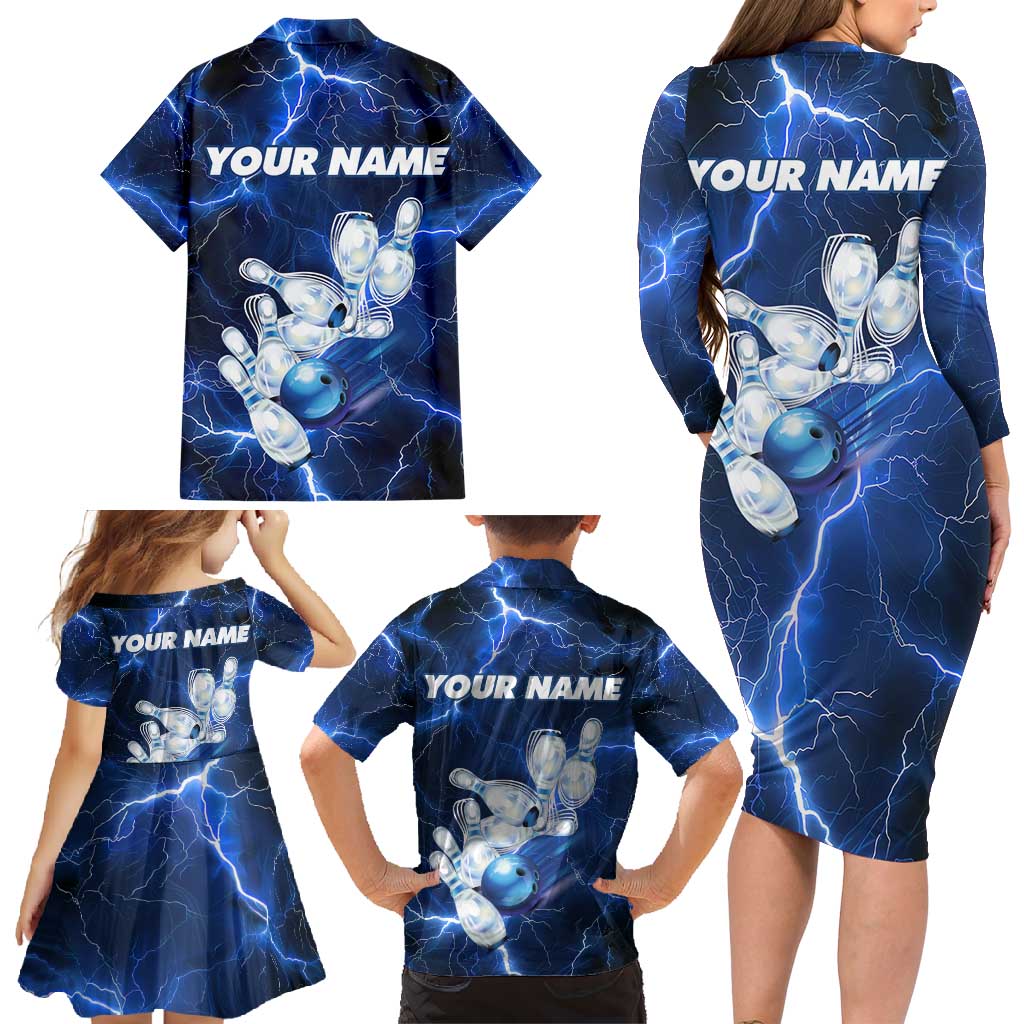 Blue Lightning Bowling Hoodie Family Matching Long Sleeve Bodycon Dress and Hawaiian Shirt with Striking Ball and Pins Graphic and Custom Name Design - Wonder Print Shop