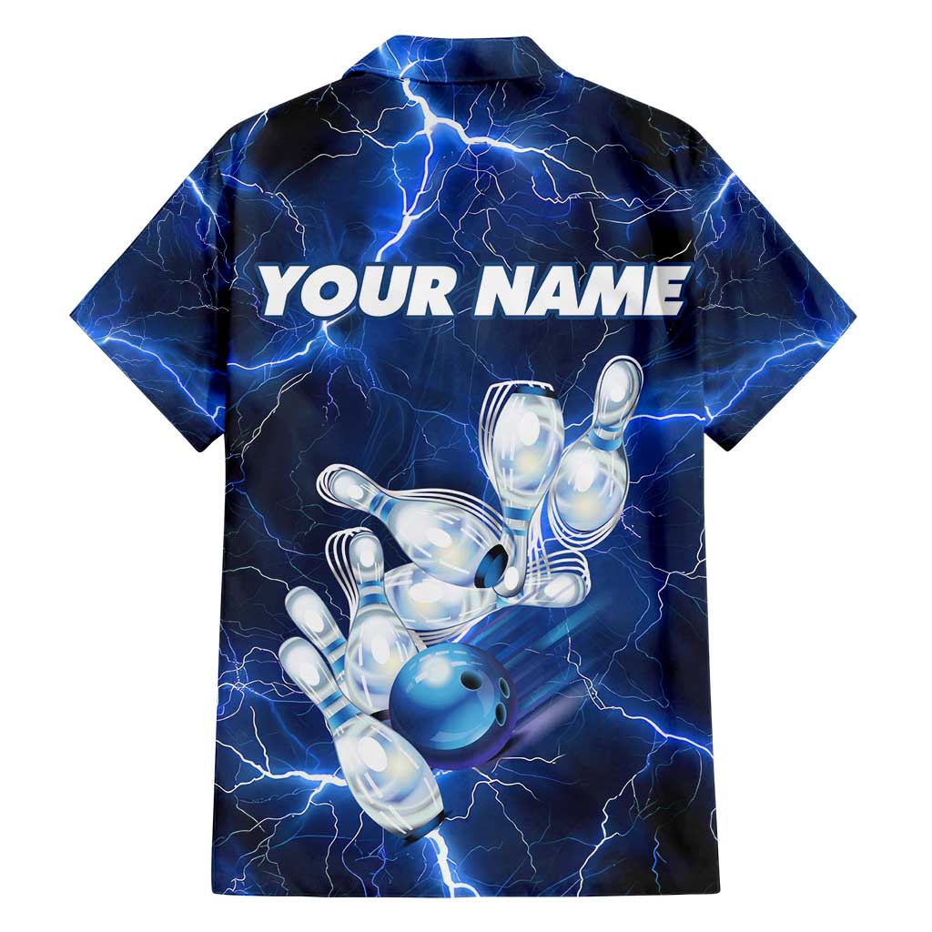 Blue Lightning Bowling Hoodie Family Matching Long Sleeve Bodycon Dress and Hawaiian Shirt with Striking Ball and Pins Graphic and Custom Name Design - Wonder Print Shop