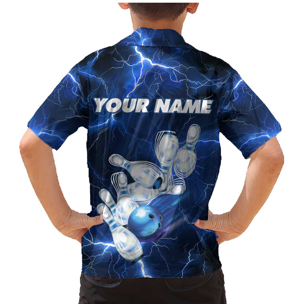 Blue Lightning Bowling Hoodie Family Matching Mermaid Dress and Hawaiian Shirt with Striking Ball and Pins Graphic and Custom Name Design - Wonder Print Shop