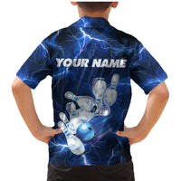 Blue Lightning Bowling Hoodie Family Matching Mermaid Dress and Hawaiian Shirt with Striking Ball and Pins Graphic and Custom Name Design - Wonder Print Shop