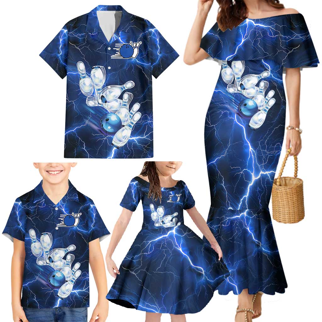 Blue Lightning Bowling Hoodie Family Matching Mermaid Dress and Hawaiian Shirt with Striking Ball and Pins Graphic and Custom Name Design - Wonder Print Shop