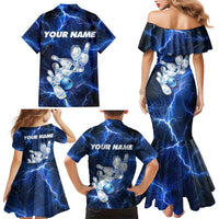 Blue Lightning Bowling Hoodie Family Matching Mermaid Dress and Hawaiian Shirt with Striking Ball and Pins Graphic and Custom Name Design - Wonder Print Shop