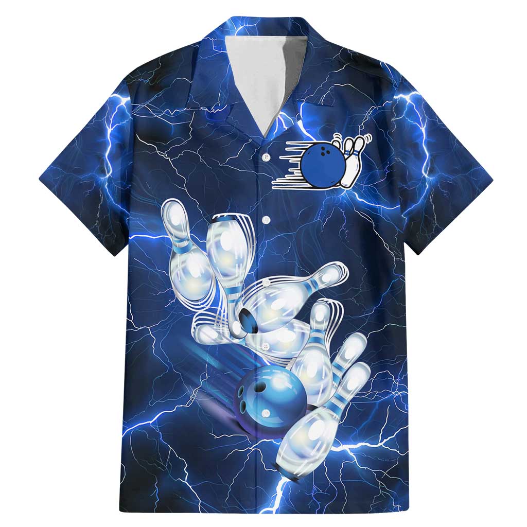 Blue Lightning Bowling Hoodie Family Matching Mermaid Dress and Hawaiian Shirt with Striking Ball and Pins Graphic and Custom Name Design - Wonder Print Shop