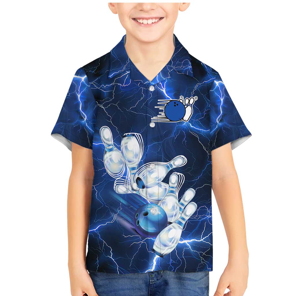 Blue Lightning Bowling Hoodie Family Matching Mermaid Dress and Hawaiian Shirt with Striking Ball and Pins Graphic and Custom Name Design - Wonder Print Shop