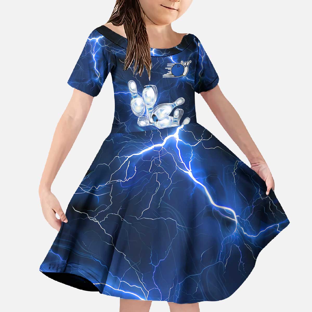 Blue Lightning Bowling Hoodie Family Matching Off The Shoulder Long Sleeve Dress and Hawaiian Shirt with Striking Ball and Pins Graphic and Custom Name Design - Wonder Print Shop
