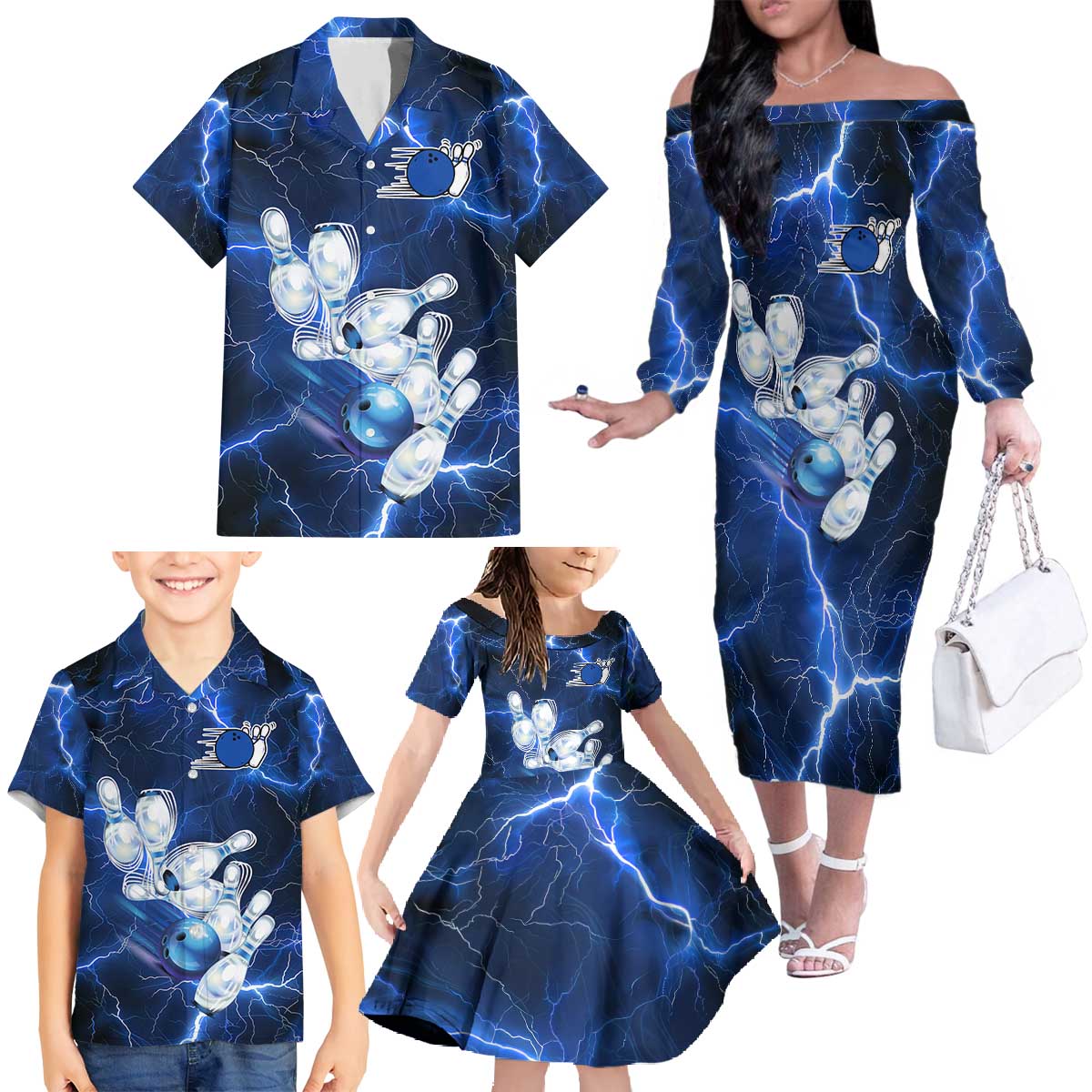Blue Lightning Bowling Hoodie Family Matching Off The Shoulder Long Sleeve Dress and Hawaiian Shirt with Striking Ball and Pins Graphic and Custom Name Design - Wonder Print Shop