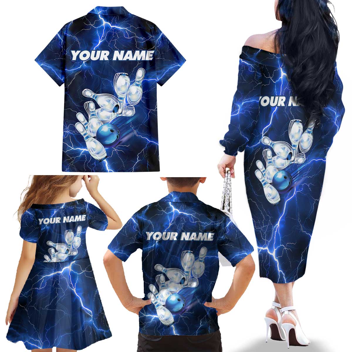 Blue Lightning Bowling Hoodie Family Matching Off The Shoulder Long Sleeve Dress and Hawaiian Shirt with Striking Ball and Pins Graphic and Custom Name Design - Wonder Print Shop