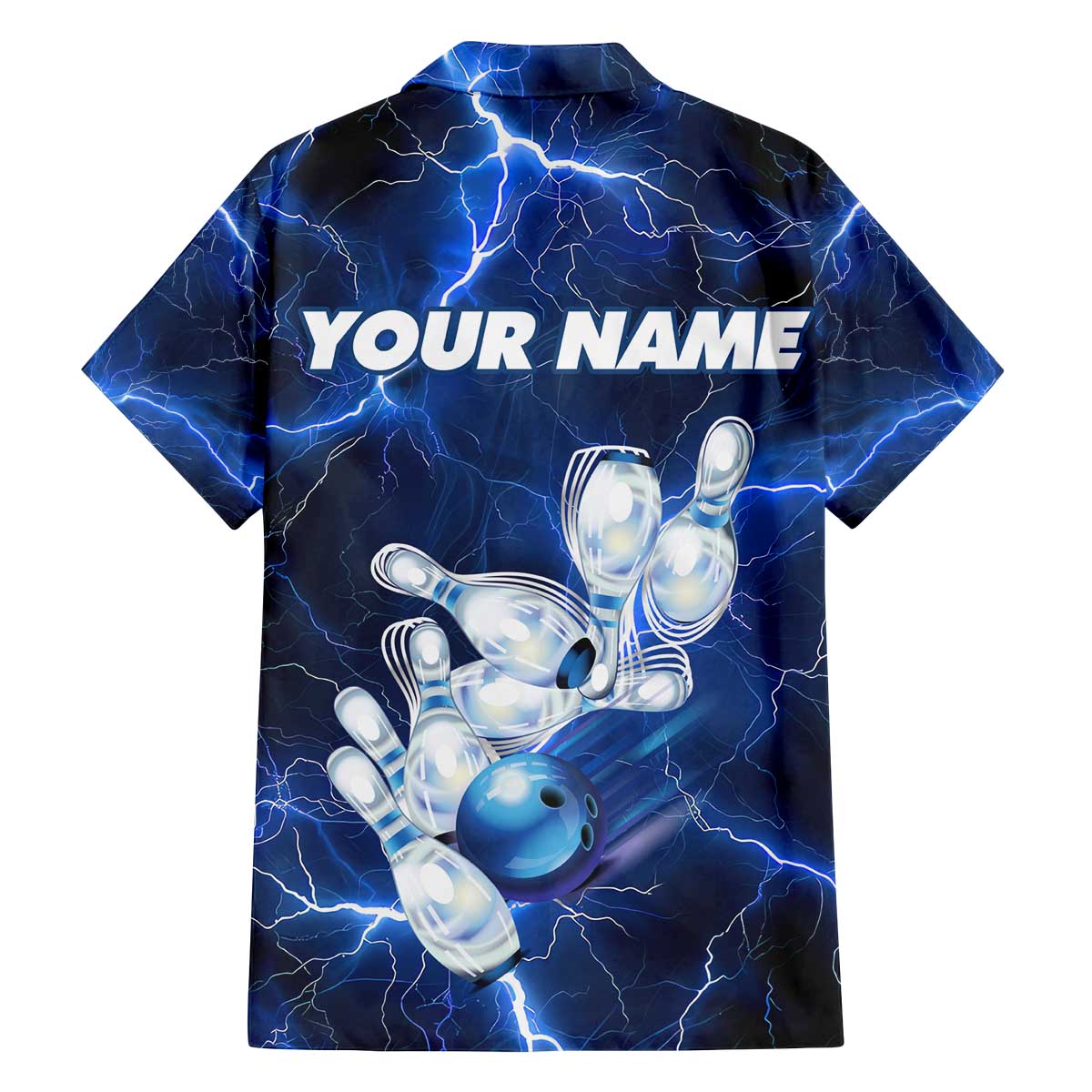 Blue Lightning Bowling Hoodie Family Matching Off The Shoulder Long Sleeve Dress and Hawaiian Shirt with Striking Ball and Pins Graphic and Custom Name Design - Wonder Print Shop