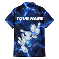 Blue Lightning Bowling Hoodie Family Matching Off The Shoulder Long Sleeve Dress and Hawaiian Shirt with Striking Ball and Pins Graphic and Custom Name Design - Wonder Print Shop