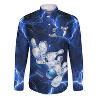Blue Lightning Bowling Hoodie Family Matching Off The Shoulder Long Sleeve Dress and Hawaiian Shirt with Striking Ball and Pins Graphic and Custom Name Design - Wonder Print Shop
