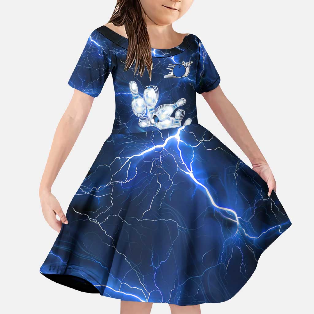 Blue Lightning Bowling Hoodie Family Matching Off Shoulder Maxi Dress and Hawaiian Shirt with Striking Ball and Pins Graphic and Custom Name Design - Wonder Print Shop