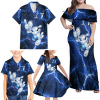 Blue Lightning Bowling Hoodie Family Matching Off Shoulder Maxi Dress and Hawaiian Shirt with Striking Ball and Pins Graphic and Custom Name Design - Wonder Print Shop
