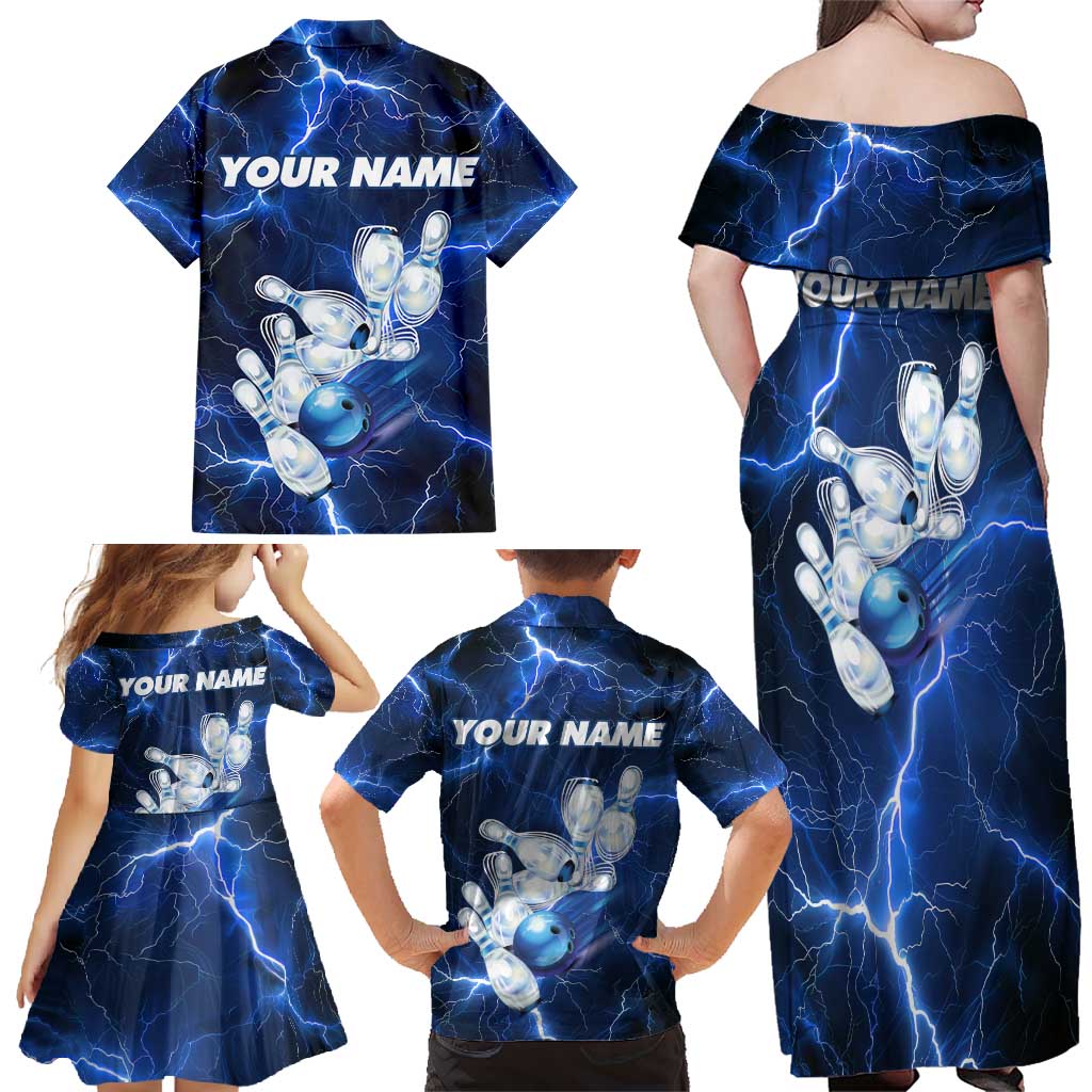 Blue Lightning Bowling Hoodie Family Matching Off Shoulder Maxi Dress and Hawaiian Shirt with Striking Ball and Pins Graphic and Custom Name Design - Wonder Print Shop