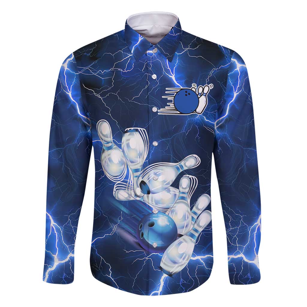 Blue Lightning Bowling Hoodie Family Matching Off Shoulder Maxi Dress and Hawaiian Shirt with Striking Ball and Pins Graphic and Custom Name Design - Wonder Print Shop