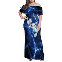 Blue Lightning Bowling Hoodie Family Matching Off Shoulder Maxi Dress and Hawaiian Shirt with Striking Ball and Pins Graphic and Custom Name Design - Wonder Print Shop